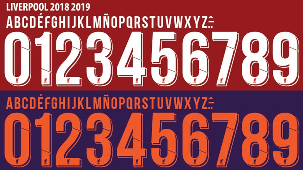 font chữ, font số áo Liverpool 2018-2019